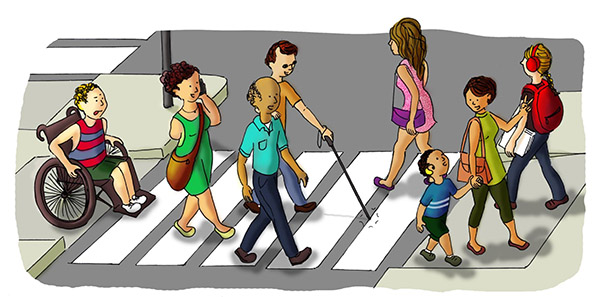 Ilustração de diversas pessoas, sendo elas pessoas com e sem deficiência, atravessando uma rua na faixa de pedestres.