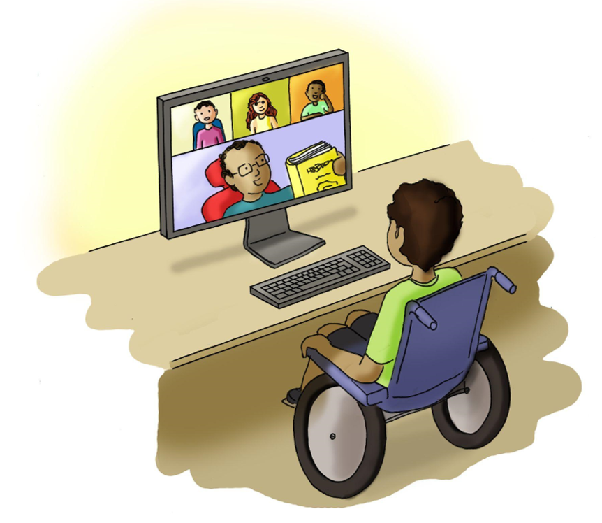 Um homem em uma cadeira de rodas está em frente a um computador participando de uma videochamada com mais três pessoas