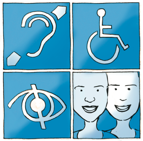 Ilustração representando deficiência auditiva, motora, visual e duas pessoas sem deficiência