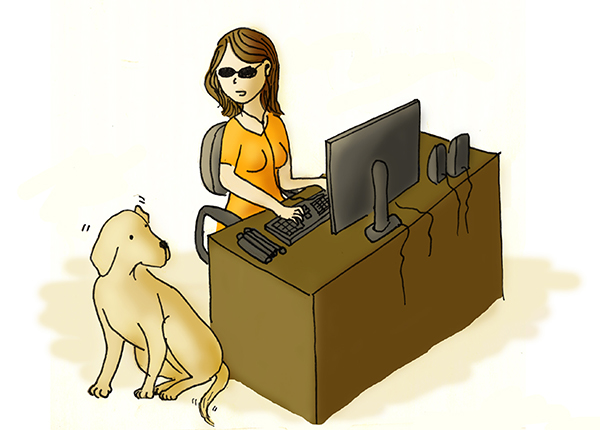 Ilustração de uma mulher cega utilizando um computador e um cão guia ao seu lado