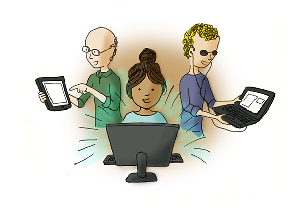 Ilustração de três pessoas utilizando tablet, computador e notebook