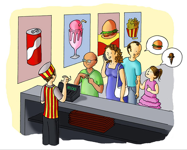 Ilustração de uma pessoa fazendo pedido em um caixa de restaurante. Eles estão conversando em LIBRAS