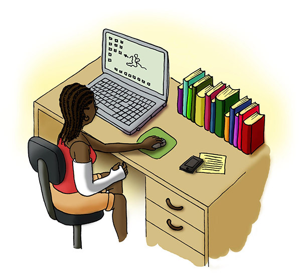 Ilustração de uma pessoa com o braço direito imobilizado e utilizando o computador com a mão esquerda