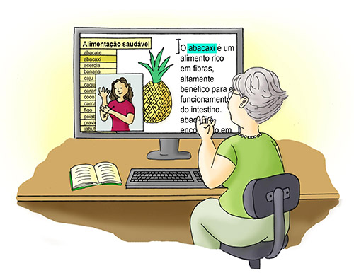 Ilustração de uma pessoa idosa lendo o conteúdo de uma página utilizando avatares de LIBRAS