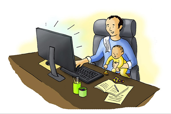 Ilustração de uma pessoa utilizando um computador com um bebê no colo