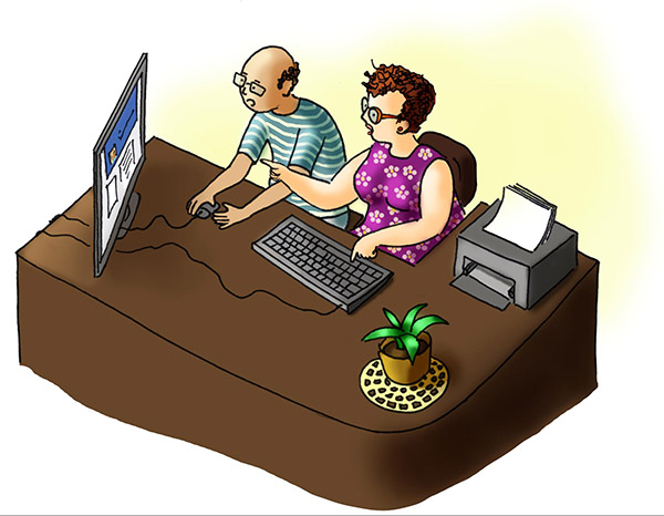 Ilustração de duas pessoas idosas utilizando um computador