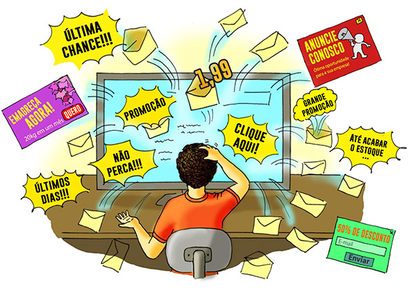 Ilustração de um homem na frente do computador. Da sua tela saem diversas mensagens e pop ups com promoções. Ele parece estar incomodado.