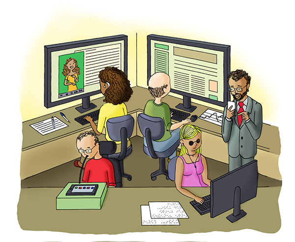 Ilustração de uma sala de trabalho com cinco pessoas e diversas delas utilizando tecnologia assistiva, sendo uma janela de LIBRAS, um com uma vareta na boca com teclado expandido, uma com fone de ouvido.