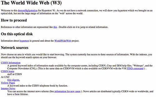Captura de tela da primeira página Web publicada