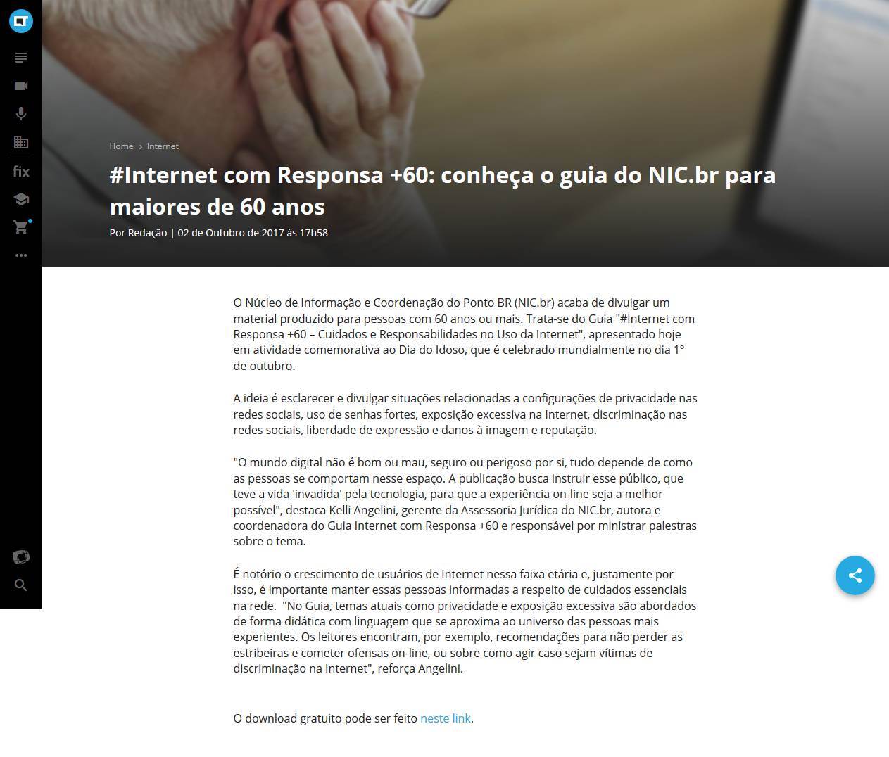 #Internet com Responsa +60: conheça o guia do NIC.br para maiores de 60 anos