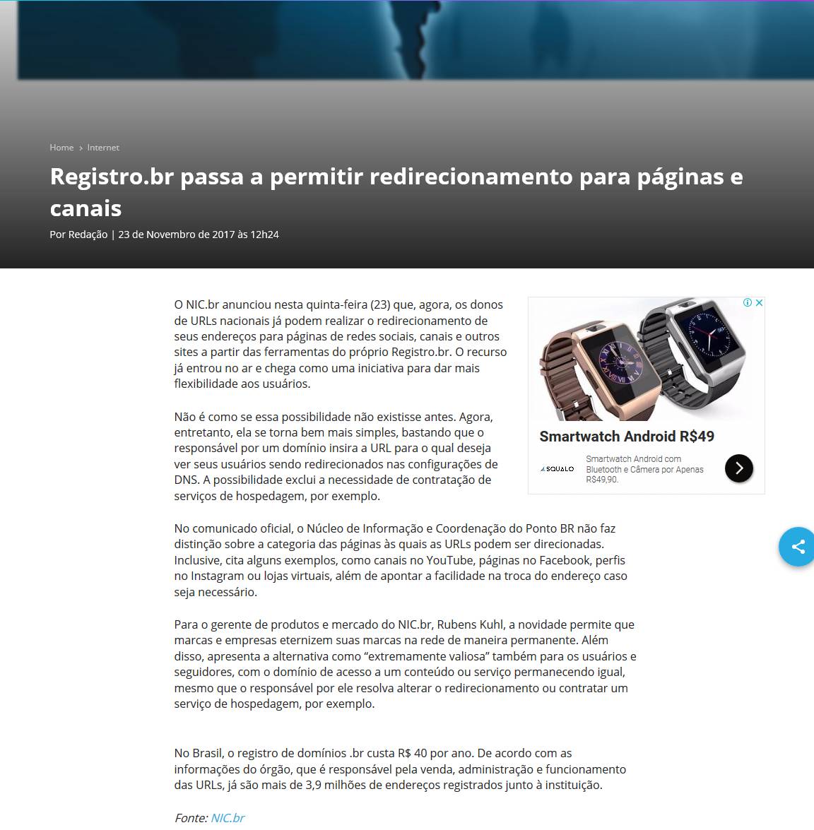 Registro.br passa a permitir redirecionamento para páginas e canais