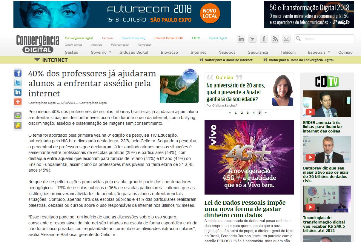 40% dos professores já ajudaram alunos a enfrentar assédio pela internet
