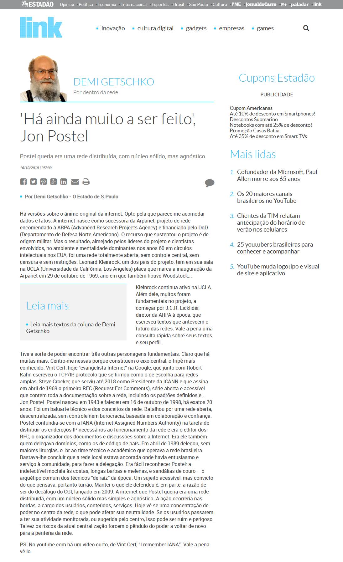 'Há ainda muito a ser feito', Jon Postel