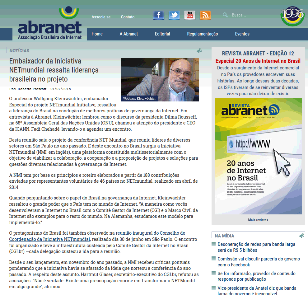 Embaixador da Iniciativa NETmundial ressalta liderança brasileira no projeto